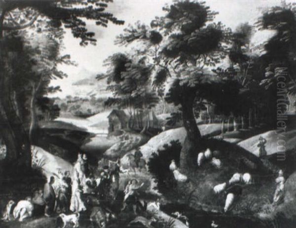 A Hunting Party Meeting On A Wooded Road Oil Painting by Francesco Allegrini