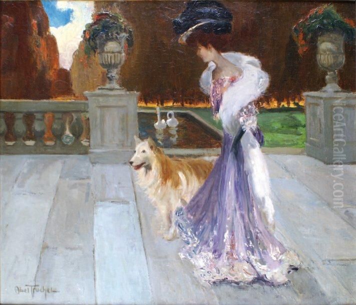 Elegante Et Son Chien Sur La Terrasse Devant Le Parc Oil Painting by Louis Abel-Truchet