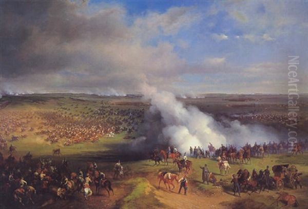 General Franz Furst Von Und Zu Liechtenstein Und Oberst Furst Wilhelm Montenuovo In Der Schlacht Bei Komorn Am 26. April 1849 Oil Painting by Friedrich L' Allemand