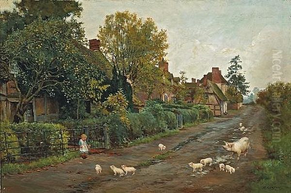 A Sow And Her Piglets Outside A Row Of Cottages With A Small Child Looking On Oil Painting by Helen Mary Elizabeth Allingham