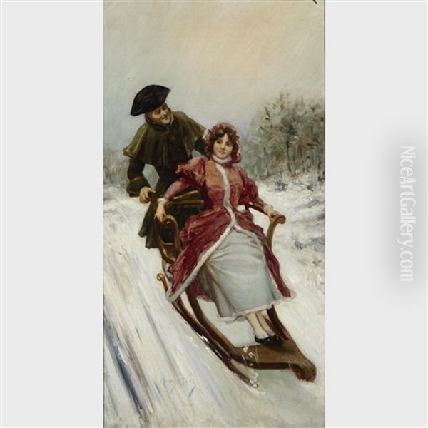 Lovers Sledding Oil Painting by Mariano Alonso Perez