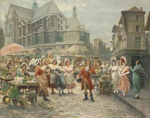 The Entertainer At Les Halles, Paris Oil Painting by Mariano Alonso Perez