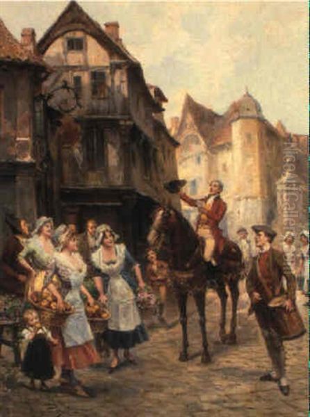 A Village Scene With A Street Crier And His Audience Oil Painting by Mariano Alonso Perez