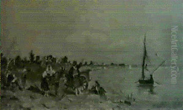 Peasants Strolling In A Coastal Landscape Oil Painting by Robert Alott