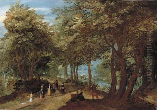 A Wooded Landscape With An Amorous Couple Seated By A Tree And Elegant Company Strolling On A Path Near A River Oil Painting by Denis van Alsloot