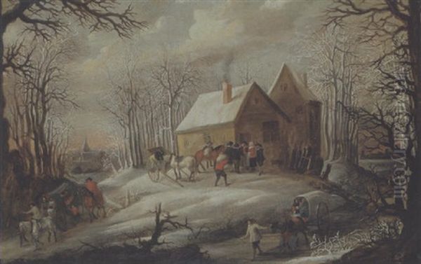 Flamische Winterlandschaft Mit Reisenden Vor Einem Bauernhaus Oil Painting by Denis van Alsloot