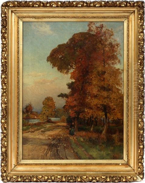 Fall Landscape With Figure On A Road Oil Painting by Mathias (Joseph) Alten