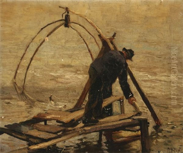 Dip Net Fishing Oil Painting by Mathias (Joseph) Alten