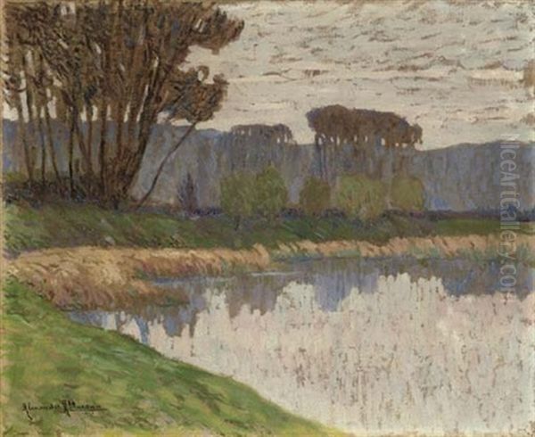 Trees By A Lake Shore Oil Painting by Alexandre Altmann