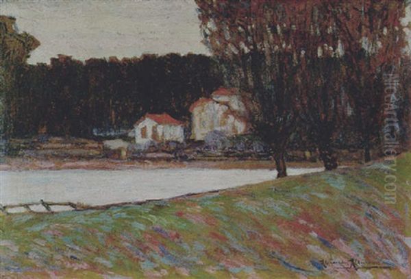 Trees And A Farm By The Lake Oil Painting by Alexandre Altmann