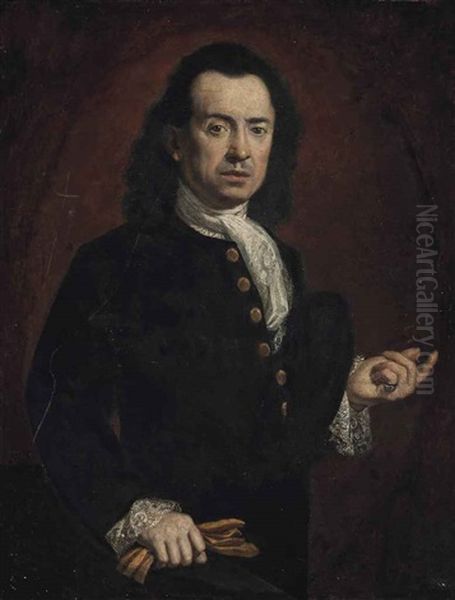 Portrait Of A Gentleman, Half-length, In A Black Coat, With A White Stock And Lace Cuffs, With Gloves In His Right Hand Oil Painting by Carlo Amalfi