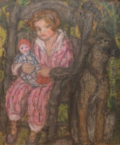 Fillette, Sa Poupee Dans Les Bras Oil Painting by Edmond-Francois Aman-Jean