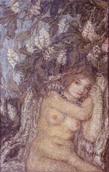 Nu Au Fauteuil Devant Un Arbre En Fleurs Oil Painting by Edmond-Francois Aman-Jean