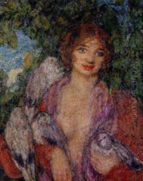 Jeune Femme A L'oiseau Oil Painting by Edmond-Francois Aman-Jean