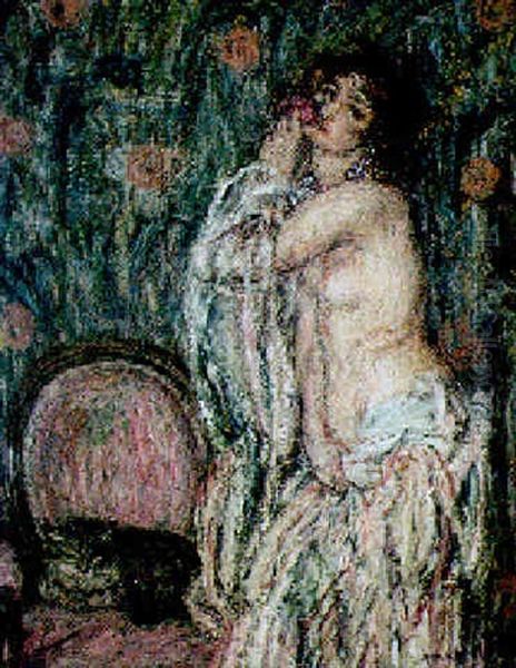 Jeune Fille A La Fleur Et Au Buste Nu Oil Painting by Edmond-Francois Aman-Jean