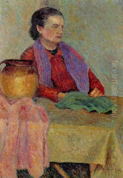 Interior Med Ung Kvinde Ved Bord Oil Painting by Edmond-Francois Aman-Jean