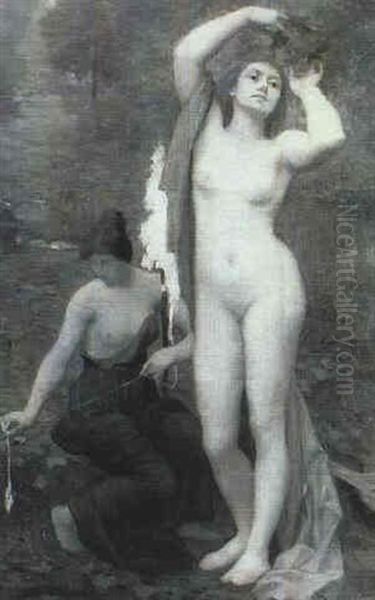 Spinning Yarn Oil Painting by Edmond-Francois Aman-Jean