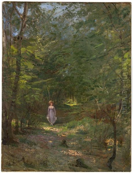 Sommerliches Waldstuck Bei Misdroy Mit Einer Jungen Frau Im Violetten Kleid Oil Painting by Wilhelm Amberg