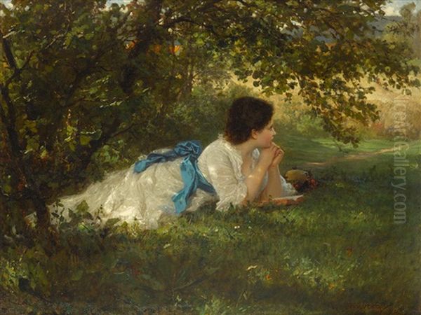 Girl In A Blue Sash Oil Painting by Wilhelm Amberg