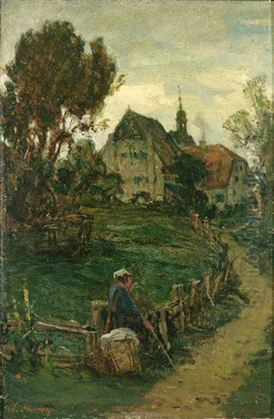 Rastender Wanderer Vor Grosem Hofgut Oil Painting by Wilhelm Amberg