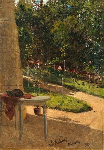 Gartenansicht Mit Katze Auf Dem Tisch Oil Painting by Wilhelm Amberg