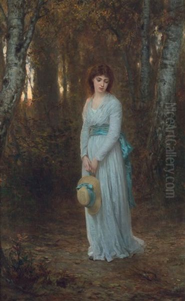 Meditation: Junge Frau Im Weisen Sommerkleid In Einem Birkenwaldchen Oil Painting by Wilhelm Amberg