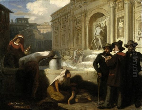 Selbstbildnis Mit Kunstlerfreunden An Der Fontana Di Trevi In Rom Oil Painting by Wilhelm Amberg