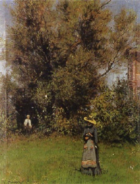 Parklandschaft Mit Zwei Damen Und Blick Auf Eine Villa Oil Painting by Wilhelm Amberg