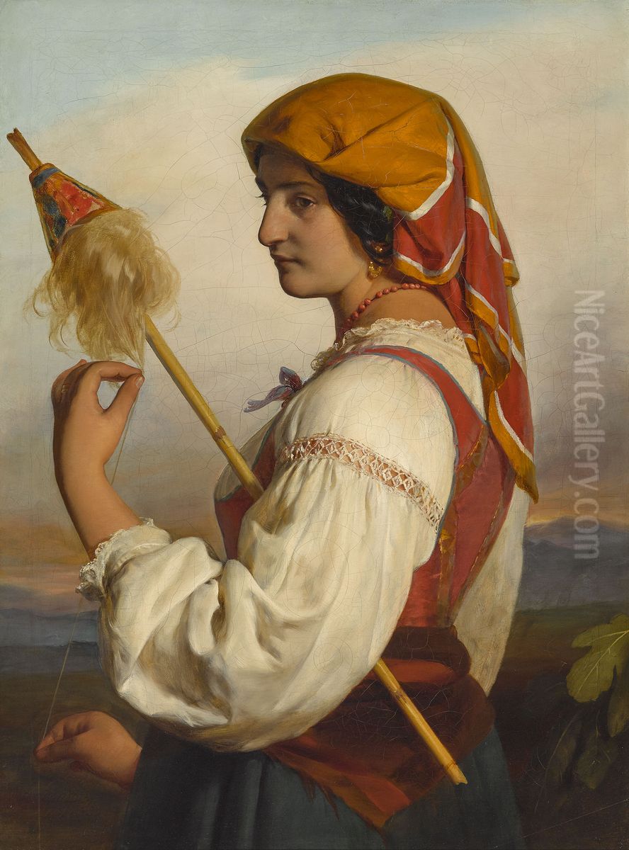 Italienerin (chiaruccia) Mit Spinnrocken Oil Painting by Friedrich von Amerling