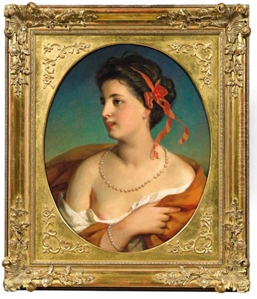 Madchen Mit Rotem Haarband Und Perlenkette Oil Painting by Friedrich von Amerling