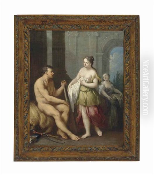 Hercules Outside The Gates Of Mycenae, With The Skin Of The Nemean Lion And His Bow, Arrows And Club, Being Tended To By Female Servants Oil Painting by Jacopo Amigoni