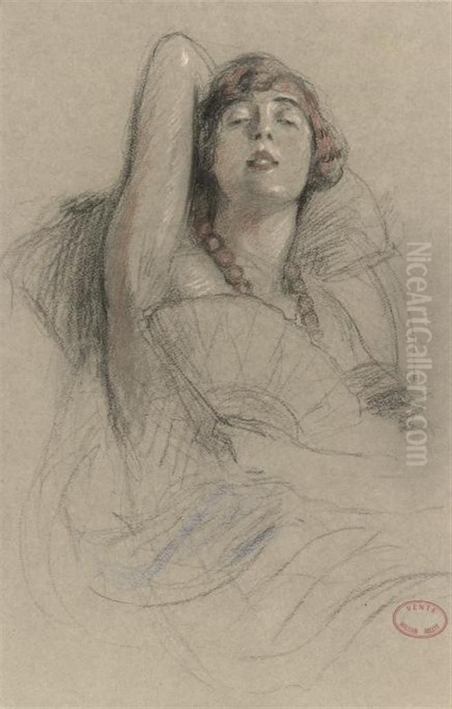 Reclining Female Figure Holding A Fan Oil Painting by William Ablett