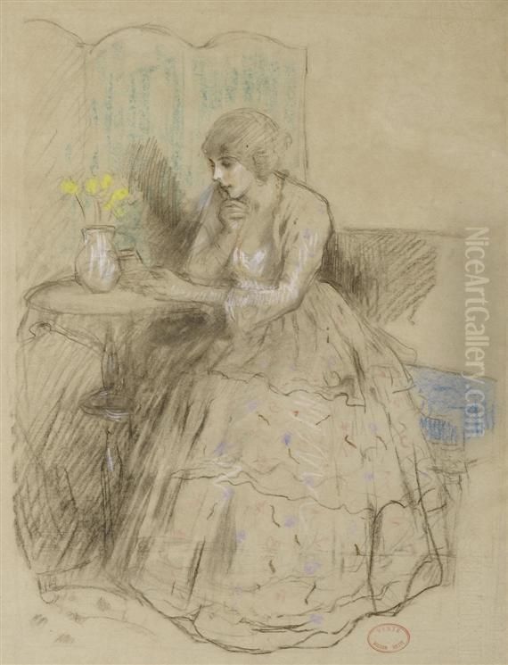 Woman Reading At A Table Oil Painting by William Ablett