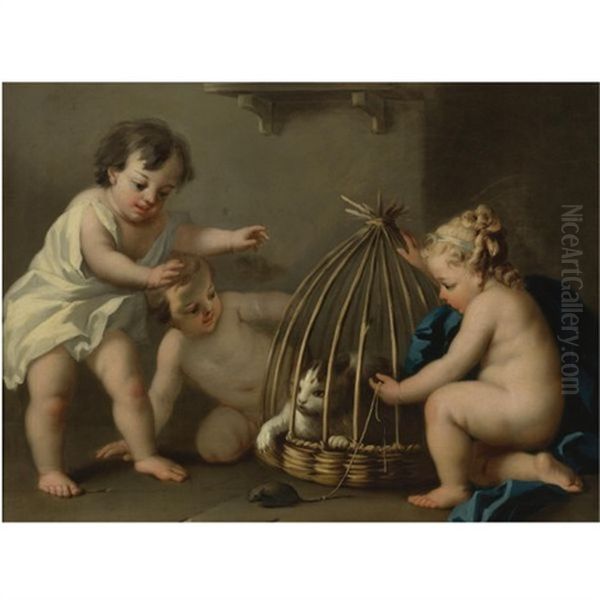 Putti Playing With A Cat Oil Painting by Jacopo Amigoni