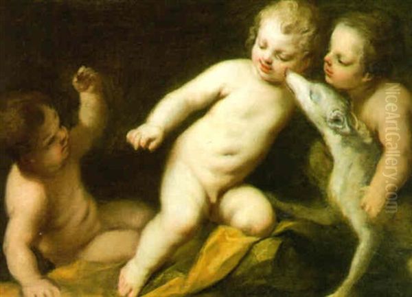 Three Putti Playing With A Greyhound Oil Painting by Jacopo Amigoni