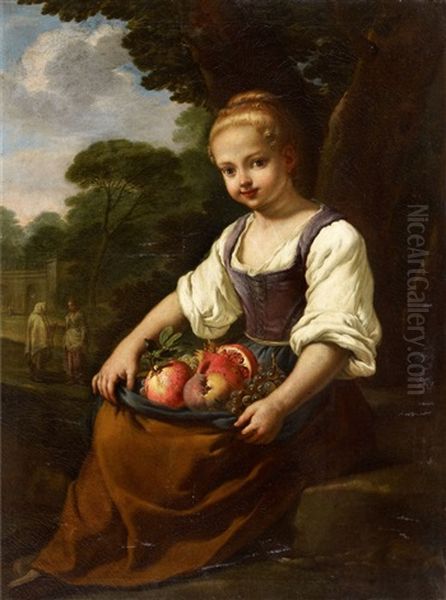 Portrait Of A Boy Portrait Of A Girl With A Basket Of Fruit Oil Painting by Antonio Amorosi