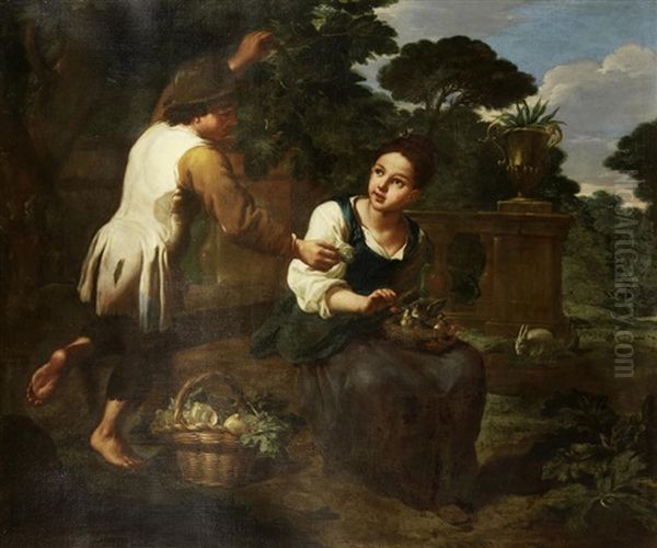 A Peasant Boy With A Girl Holding A Bird Cage Oil Painting by Antonio Amorosi