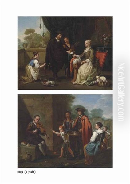 A Man Paying A Seamstress For Her Services; A Fiddler And A Quacksalver With Other Figures Outside A House (pair) Oil Painting by Antonio Amorosi