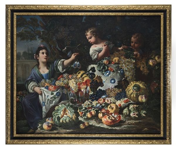 Natura Morta Di Frutta Con Giovane E Due Bambini Oil Painting by Antonio Amorosi