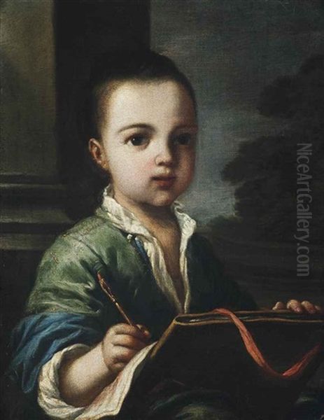 Portrait Of A Boy, Half-length, A Chalk Pen In His Right Hand, A Landscape Beyond Oil Painting by Antonio Amorosi