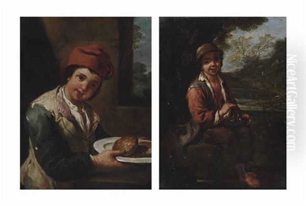 A Boy Holding A Plate With Bread, In An Interior And A Boy With A Bird's Nest In A Landscape (2 Works) Oil Painting by Antonio Amorosi