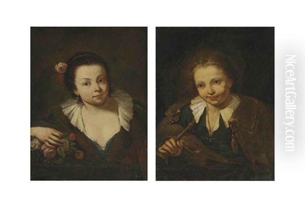 A Peasant Girl (+ A Peasant Boy; Pair) Oil Painting by Antonio Amorosi