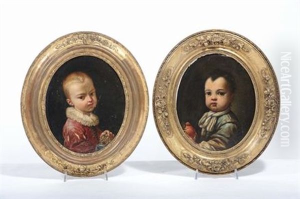 Bambino Con Veste Blu E Mela (+ Bambino Con Veste Rossa E Grappolo D'uva; Pair) Oil Painting by Antonio Amorosi