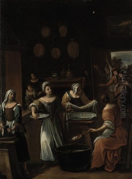 The Gnocchi Bakery: The Interior Of A Kitchen With Women Preparing Gnocchi, A Group Of Revellers Entering From The Garden Beyond Oil Painting by Antonio Amorosi