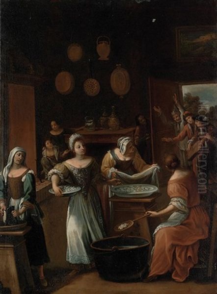 The Gnocchi Bakery, The Interior Of A Kitchen With Women Preparing Gnocchi Oil Painting by Antonio Amorosi
