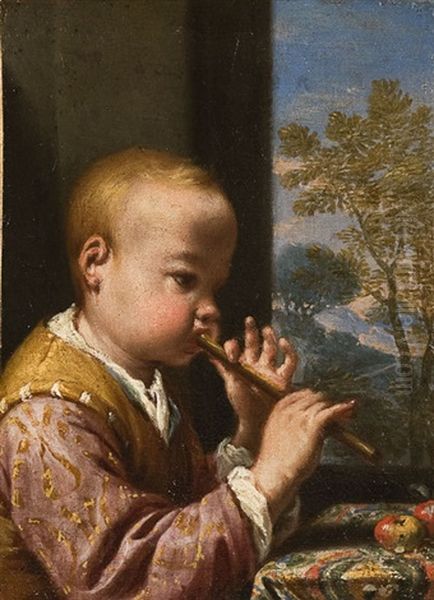 Bimbo Che Suona Il Flauto (+ Bambina Che Canta; 2 Works) Oil Painting by Antonio Amorosi