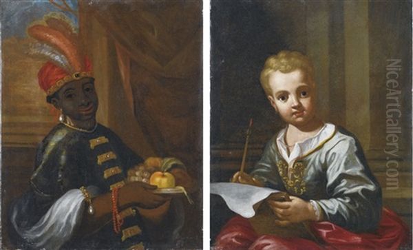 Servitore Moro Con Piatto Di Frutta (+ Bambino In Verde; 2 Works) Oil Painting by Antonio Amorosi