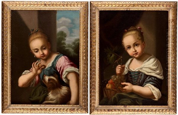 A Girl With A Dog, A Girl With A Basket Of Fruit Oil Painting by Antonio Amorosi