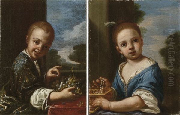 Bambino Con Uva (+ Bambina Con Portagioie; 2 Works) Oil Painting by Antonio Amorosi