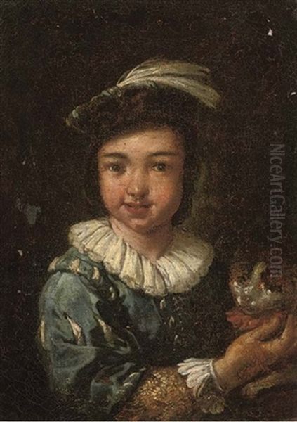 Portrait Of A Boy, In A Feathered Cap, A Dog In His Arms Oil Painting by Antonio Amorosi